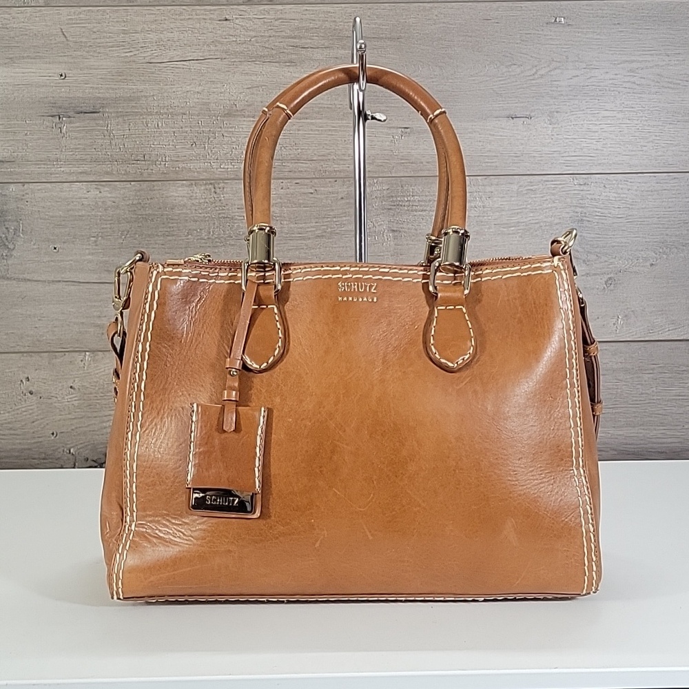 Schutz Tan Leather Top-Handle Satchel Crossbody Shoulder Bag